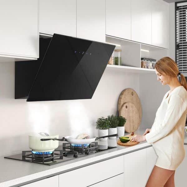 FIREGAS Hottes Aspirantes 60cm, Hotte de Cuisine Inclinée, 578m³/h Puissance d'aspiration élevée, Evacuation ou Recyclage, Commande Tactile, Lumières LED, 2 Filtre à Charbon, Classe A++ [Classe énergétique A++]