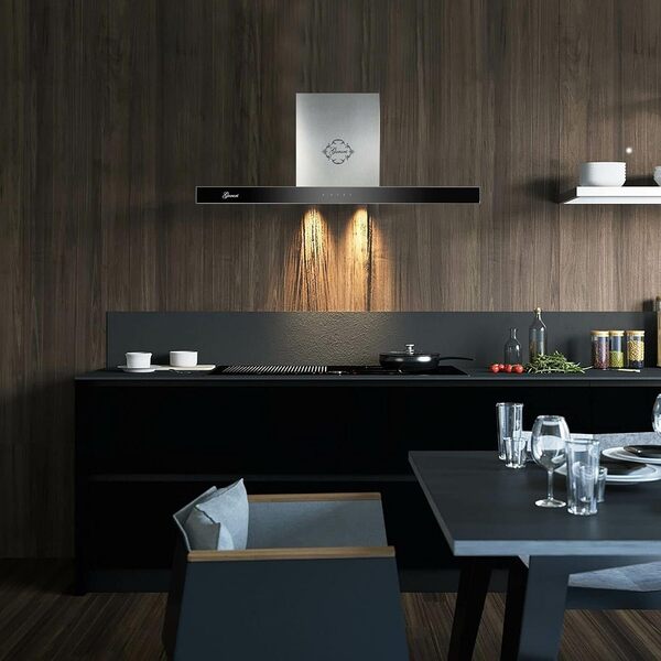 GURARI hotte murale GCH 462 IS 9 Prime avec tuyau d'évacuation, acier inoxydable hotte de cuisine 90 cm/verre noir Panell/aspiration 1000m³/h / 3 étages/air évacué/air recyclé [Classe énergétique A]