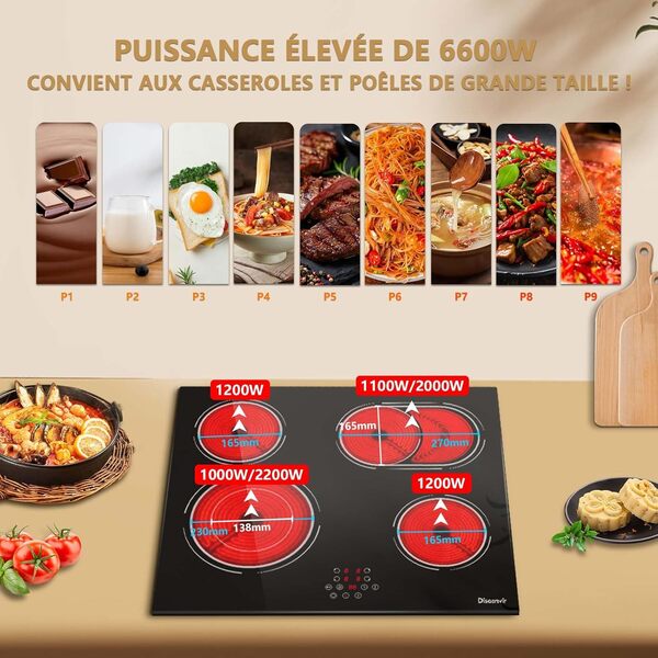 Plaque Vitrocéramique 4 Feux Encastrable 6600W, Plaque de Cuisson Electrique avec double zone de barbecue ovale, 9 niveaux de puissance, fonction pause, minuterie, verrouillage de sécurité