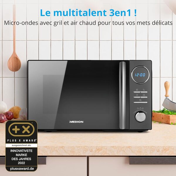 MEDION Micro-onde 3en1 avec gril et air chaud combiné (23L, 900W, 1000 W gril, 1680 W air chaud, 10 programmes automatiques, 5 niveaux de puissance, mode décongeler, design miroir, MD11493) noir