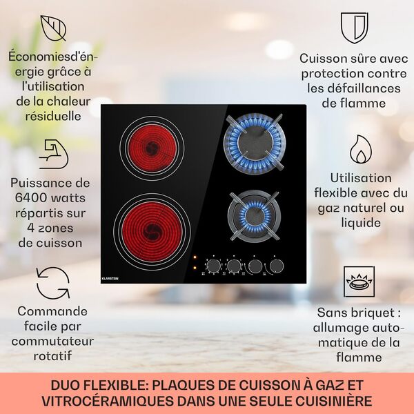 Klarstein Plaque de Cuisson Mixte 4 Feux, Vitrocéramique et Gaz, Acier Inoxydable, 6.4kW
