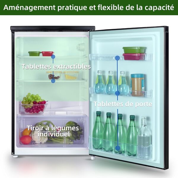 CHIQ Réfrigérateur vertical à une porte,126 L, encombremen 0,31 ㎡, Porte réversible, Tiroir à légumes, Étagères coulissantes, Faible niveau sonore 39 dB, Éclairage à DEL, Noir CSF120BE [Classe énergétique D]