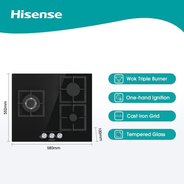 Hisense GG633B Plaque de gaz naturel 3 zones 60 cm Grille en fonte et verre trempé noir Allumage automatique intégré dans les commandes Sécurité GasStop Nettoyage facile