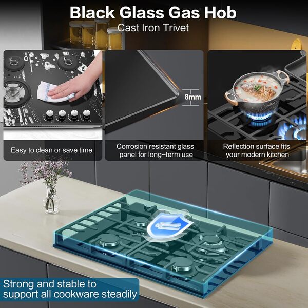 Plaque de cuisson à gaz à 4 feux, 60 cm, noire, en verre trempé, avec supports en fonte, convertible NG/LPG, plaque de cuisson à gaz avec protection contre la flamme