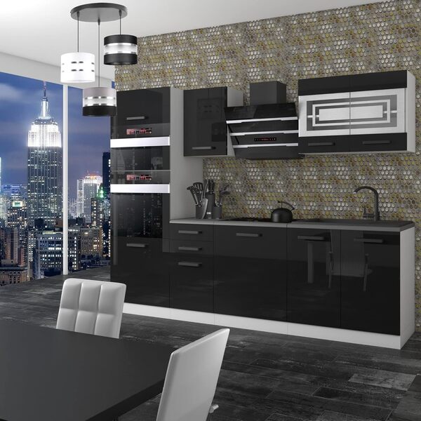 Belini Cuisine Equipee Complete Tracy Muebles de Cuisine Complets - 240 cm. Cuisine Complete avec Plan de Travail, Noir très Brillant