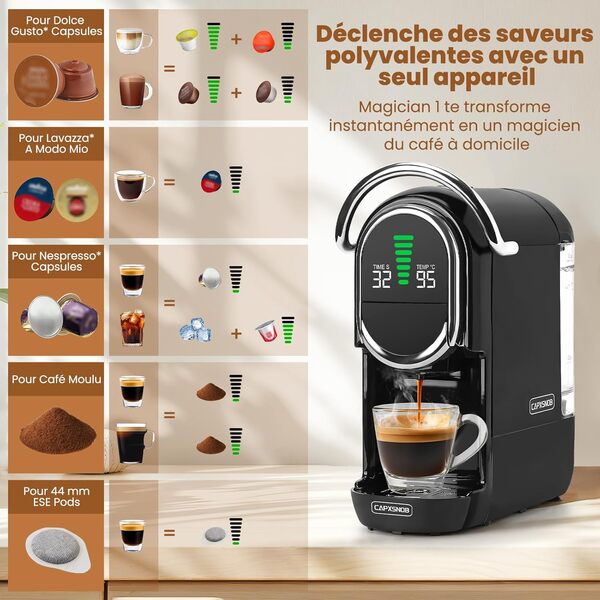 Magician1 Machine à café capsules pour Nespresso, Dolce Gusto, Lavazza A Modo Mio, Dosettes ESE 44mm et Café Moulu, Température et Taille Tasse Réglable, 20Bar, Cafetière Multi-boissons Chaud ou Froid