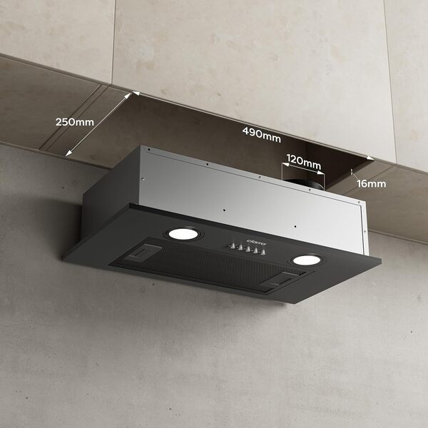 Ciarra Hotte Aspirante Encastrée - Hotte de Cuisine Intégrée - 300 m³/h - 52cm - Evacuation ou Recyclage - Filtre Charbon NON Inclus - 3 Vitesses - LED Eclairage - Noir - CBCB5913A [Classe énergétique B]