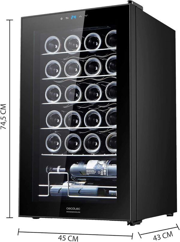 Cecotec Cave à vin Bolero GrandSommelier 2450 Black Compressor. Cave à vin noire, 24 bouteilles, compresseur, température réglable 5-18°C, panneau tactile. [Classe énergétique E]