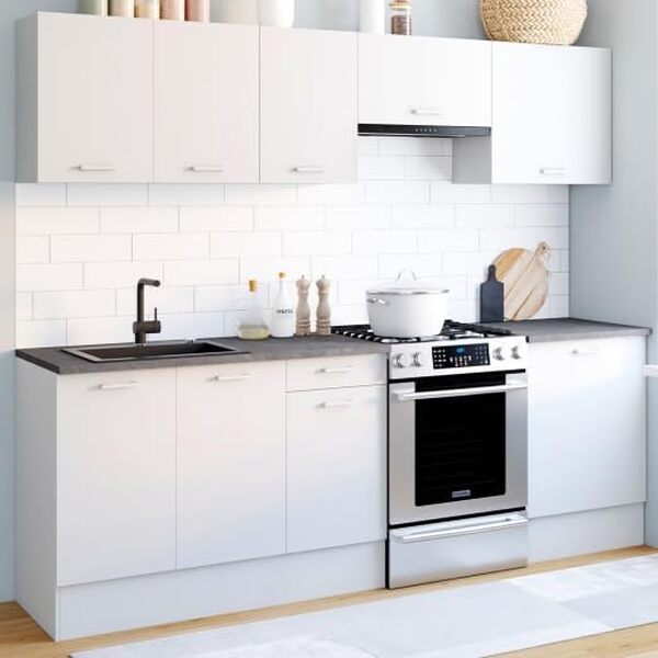 IDMarket - Cuisine complète 240 cm SUBTIL avec plan de travail 7 éléments blanc et plateaux effet béton