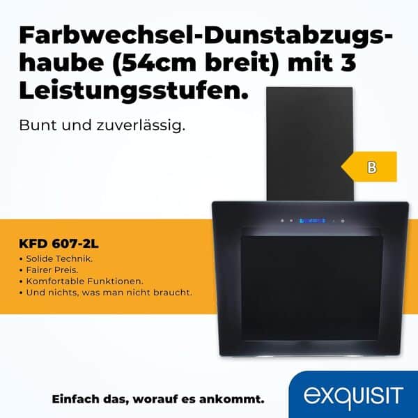 Exquisit KFD 607-2L Hotte aspirante avec éclairage LED en 7 couleurs différentes Noir [Classe énergétique B]