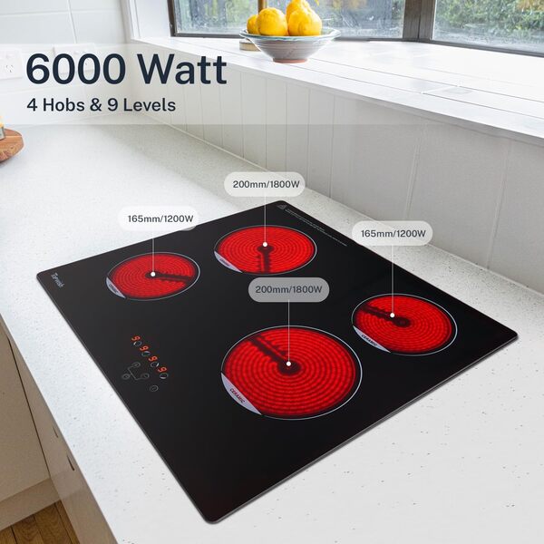 Topwish plaque vitrocéramique 4 feux,plaque vitrocéramique 60cm,vitrocéramique 6000W,tables de cuisson avec fermeture à l'épreuve des enfants,commande tactile,indicateur de chaleur résiduelle,minuteur