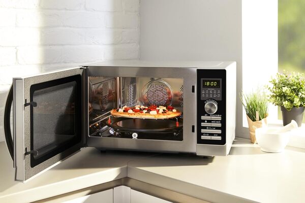 Sharp R843INW 3-in-1 Micro-Ondes à Air Chaud, Grill et Convection/ 25 L/ 800 W/ 1000 W Grill/ 2500 Convection/ 10 Programmes Automatiques/Programme Pizza / Argent [Classe énergétique A]