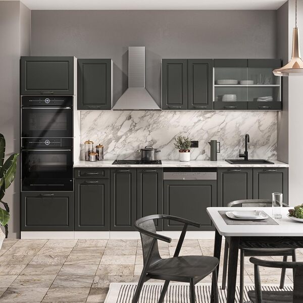 Vicco Cuisine R-Line, Anthracite Maison de Campagne/Blanc, 300 cm avec Armoire Haute, PT Marbre