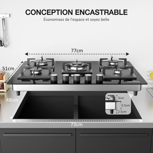 IsEasy Plaque de Cuisson Gaz 5 Feuxs, Plaque Gaz 5 Feux, Table de Cuisson à Gazs 77cm Encastrable, 10500W, Gazs ville et bouteille