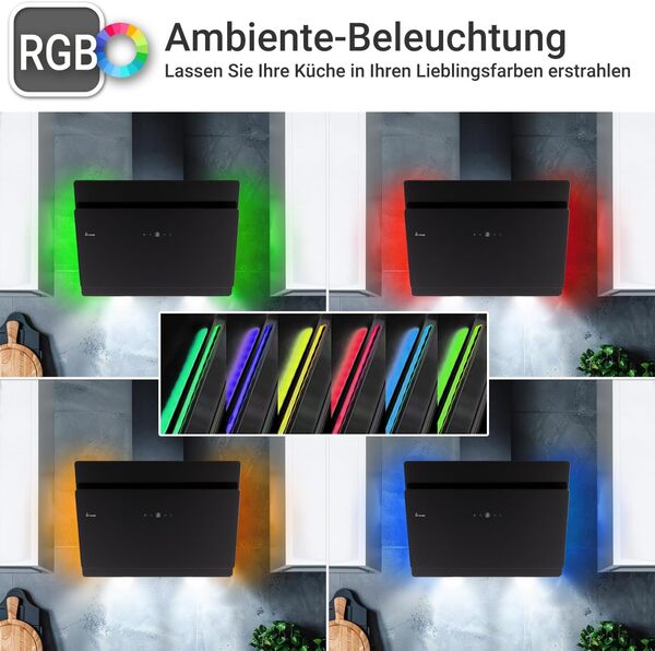SOLO809SHCM Hotte murale sans tête 80 cm, en acier inoxydable, verre noir, Wi-Fi, fonction de suivi automatique, éclairage LED RGBW, commande SensorTouch [Classe énergétique A++]