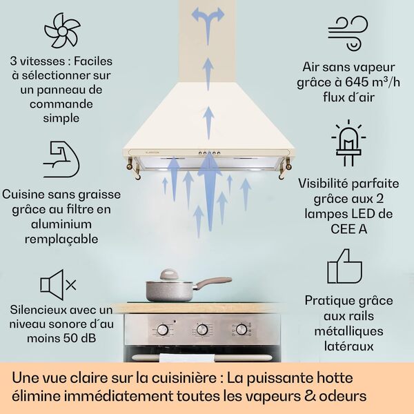 Klarstein Hotte Aspirante 60cm, Hottes de Cuisine avec Filtre de Hotte en Aluminium, Débit d'Air Puissant de 645m³/h, Eclairage LED, Extracteur d'Air Silencieux, Hotte Efficace avec Evacuation [Classe énergétique C]