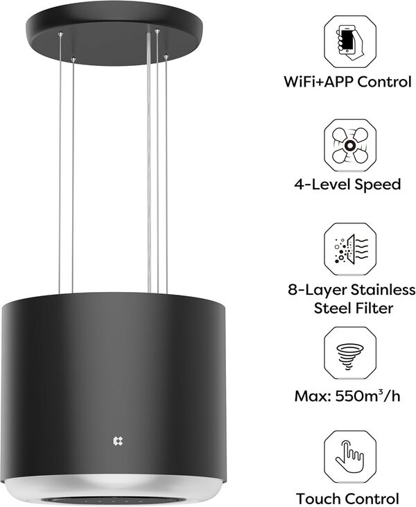 Ciarra Hotte îlot Centrale Classe A+ - Hotte Suspendue 550m ³/ h 48cm - Hotte Aspirante îlot - WiFi et APP - Filtre à Charbon Inclus - 4 Vitesses & LED de 2 Niveaux de Luminosité - CBCB4838 [Classe énergétique A+]