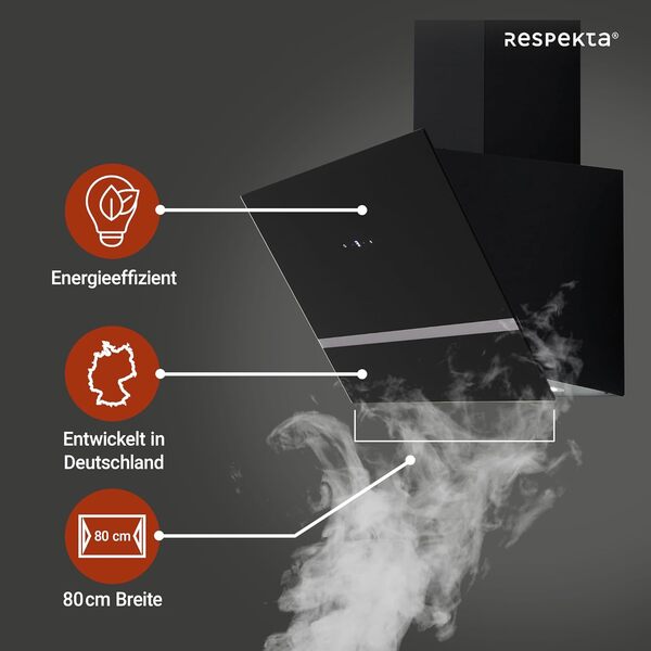 Hotte aspirante Respekta/Hotte inclinée de 80 cm/Boîtier en métal avec abat-jour en verre noir/Fonction d'extraction et de recyclage de l'air / CH24080SM / A / 65-70 dB [Classe énergétique A]