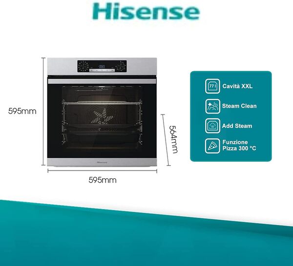 Hisense BSA65226AX, Four multifonction thermoventilé avec addition de vapeur, Cavité XXL 77L, nettoyage d'eau Clean, 13 fonctions de cuisson, 3 fonctions vapeur, fonction pizza 300 °C, cuisson AirFry [Classe énergétique A]