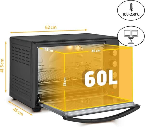 Mini-four 60 l I 2000 W I Convection + Rôtisserie I 4 éléments chauffants I Plage de température jusqu'à 230 °C I Minuterie 60 min I Inox I Noir