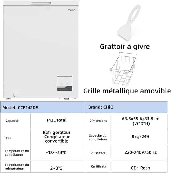 Congélateur coffre CHiQ 142L, 63,5 x 55,6 x 83,5cm, Congélateur Inverter, Affichage de la température extérieure, Mode de congélation rapide -32℃, Grille métallique,Faible bruit [Classe énergétique E]