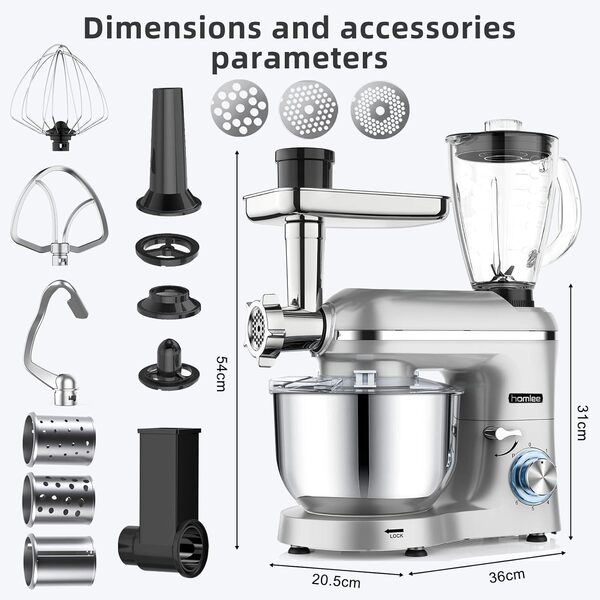 Homlee 3 en 1 Robot Pâtissier,1800W Robot Cuisine Multifonctions,avec Hachoir à viande,1,5 L Extracteur de jus,Kit pour Saucisses,3 Plaques de Broyage,5.5L Bol d'Acier Inoxydable (Argent)