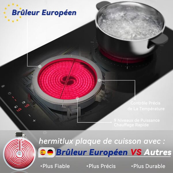 Hermitlux Domino Plaque Vitrocéramique 2 Feux, Table de Cuisson Vitrocéramique 29 cm avec 9 Niveaux de Puissance, Commande Tactile, Convient à Toutes les Casseroles