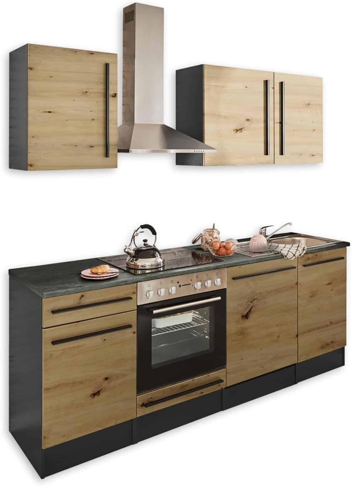 Cuisine Intégrée Jazz 8 - 220x211x60 Cm, Façade Noir Mat Et Plan De Travail Chêne Lanzelot, Sans électroménager