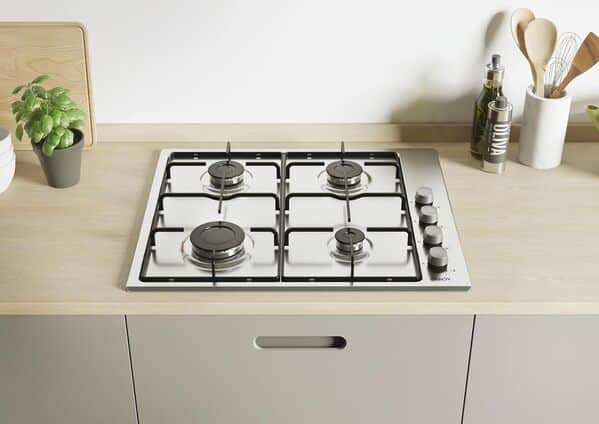 CANDY Plaque de Cuisson Gaz Inox CHW6LX - 4 Brûleurs, Sécurité Électromagnétique, Connectivité hOn, Dimensions, 7750W, Inox [Classe énergétique A+]