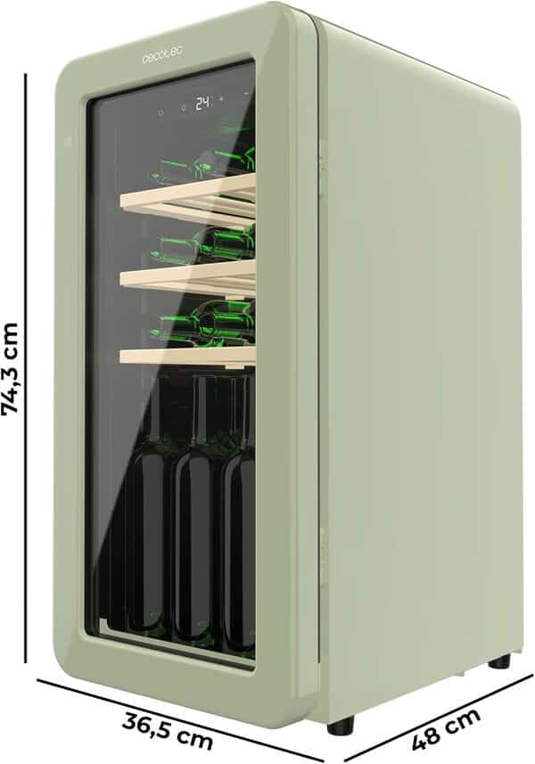 Cecotec Cave a Vin 18 Bouteilles Bolero GrandSommelier Origin 18 Hit Green. Cave à vin rétro, vert, 18 bouteilles, NoFrost, 5-20 ºC, LED, compresseur, clayettes en bois [Classe énergétique F]