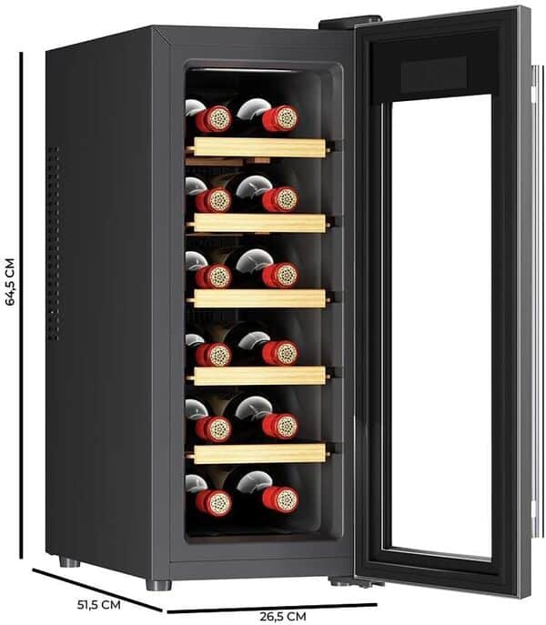 Cecotec Cave à Vin 12 Bouteilles Bolero GrandSommelier 1270 CoolWood, Réfrigérateur à Vin, Refroidissement Thermoélectrique, Température Réglable et Éclairage LED intérieur, Design Bois et Inox [Classe énergétique E]
