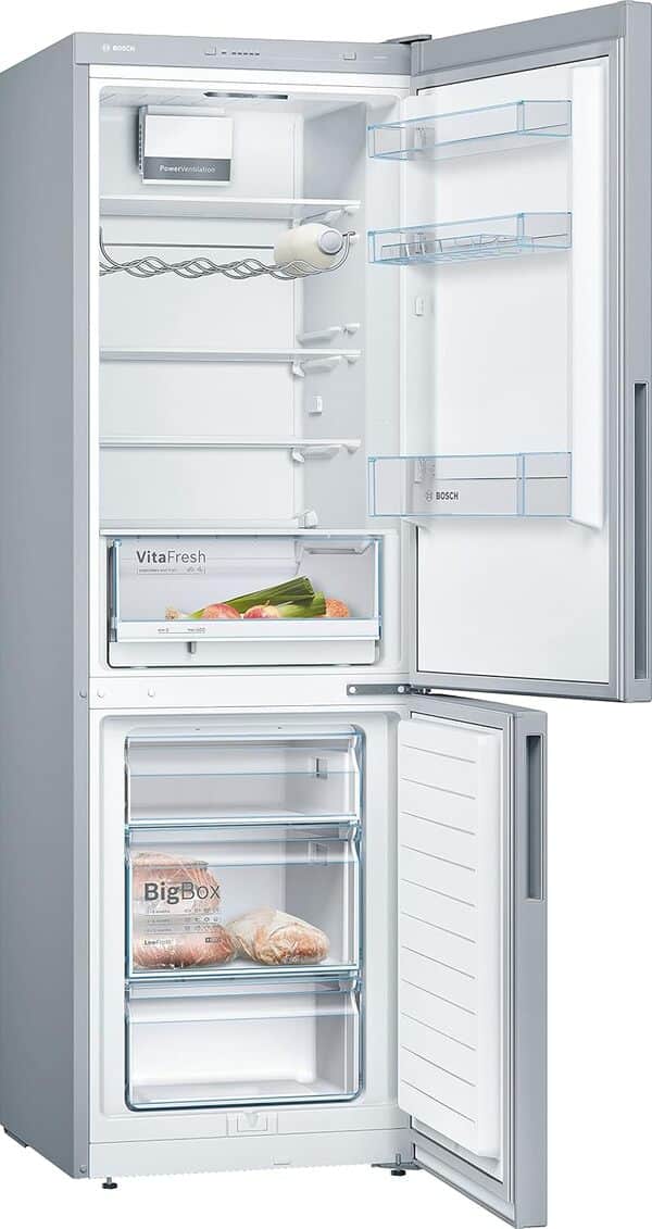 Bosch KGV36VLEAS, Série 4, Réfrigérateur congélateur, Pose libre, 186 x 60 cm, 214 L / 94 L, Inox [Classe énergétique E]