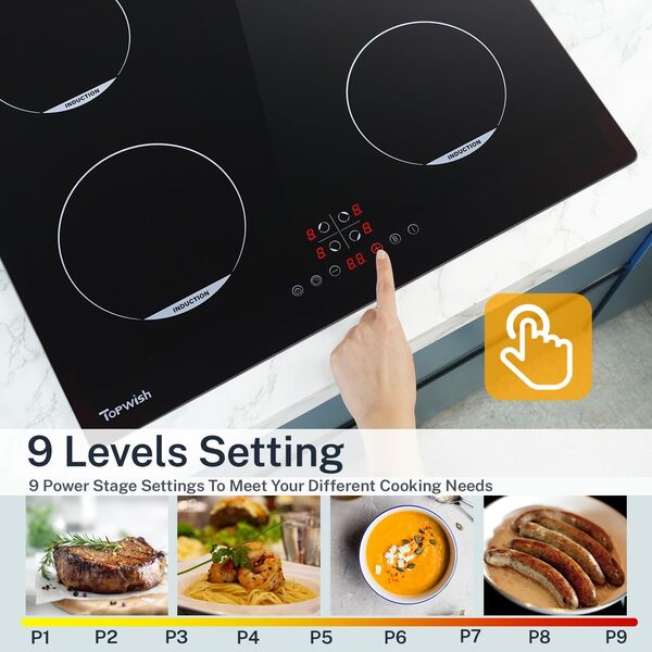 Topwish plaque induction 4 feux, plaque induction 60cm encastrable, table de Cuisson electriquecon avec sécurité enfant, funzione Boost, touch control, indicatore di calore residuo, 7200W