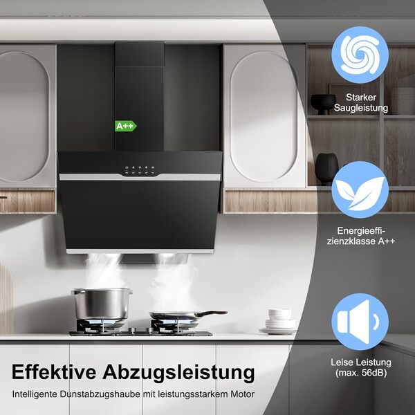 SNDOAS Hotte Aspirante, Classe A++, 350 m³/h Hotte de Cuisine Inclinée, 3 Vitesses, Evacuation ou Recyclage, LED, 56 dB, Noire [Classe énergétique A++]