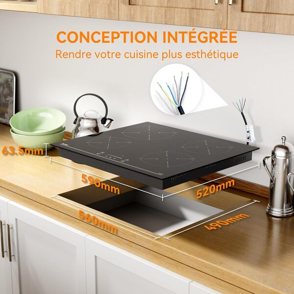 Hermitlux Plaque Induction 4 Feux Encastrable 60cm, 7000W, 9 Niveaux de Puissance, Booster, Minuterie & Verrouillage Enfants, Commande Tactile