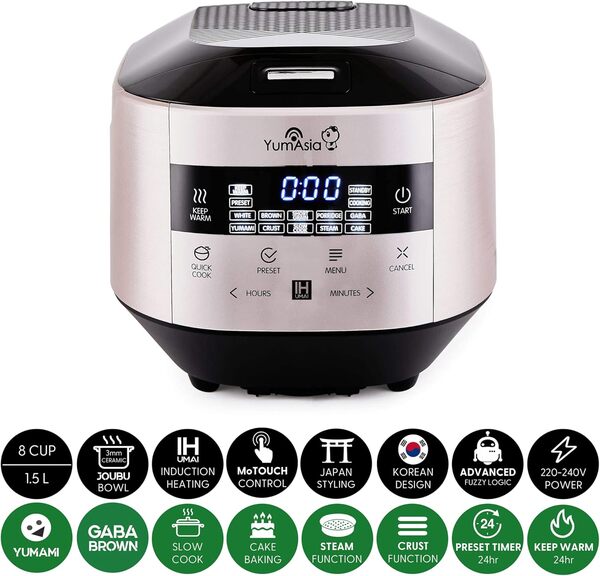 Yum Asia Bamboo Cuiseur à riz avec chauffage à induction (IH) et bol en céramique, 7 fonctions de cuisson au riz, 4 fonctions multicuiseurs, écran LED Motouch – 220-240V EU (Champagne)