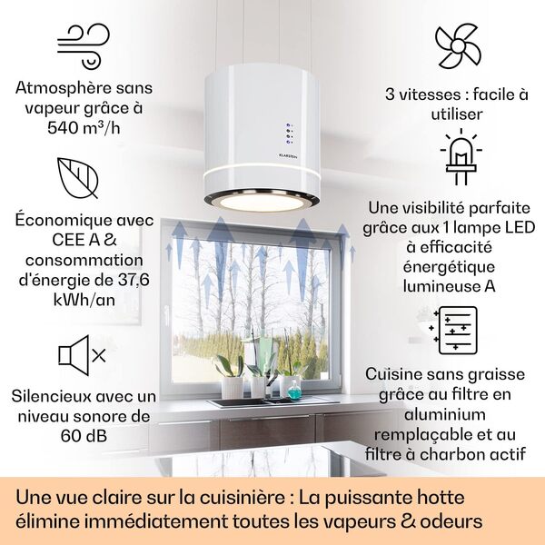 KLARSTEIN Tron Ambience - Hotte aspirante, Hotte sans évacuation, Installation suspendue, 540 m³/h, Anneau LED lumineux, 3 niveaux de puissance, Contrôle simple, 2 filtres à charbon actif - Blanc [Classe énergétique A]
