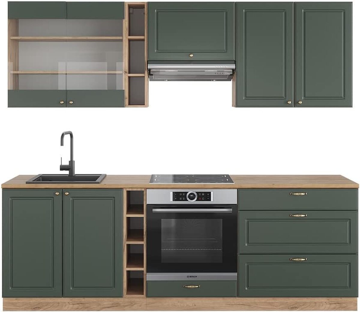 Test Vicco Cuisine Fame-Line 235 cm : design chêne vert et or sans plan de travail