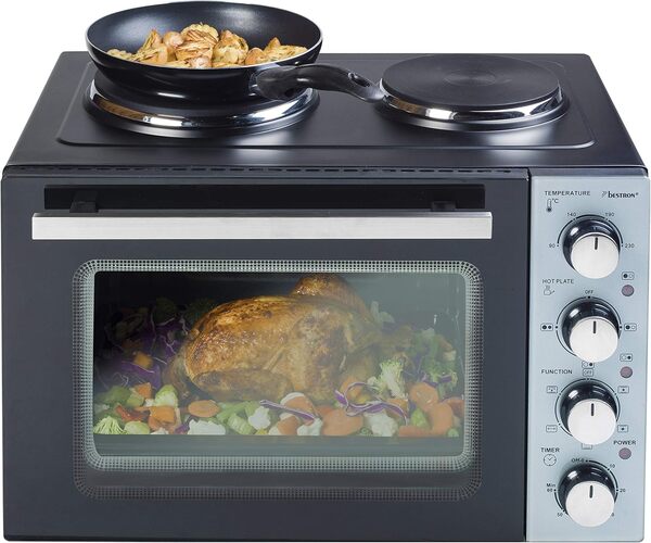 Bestron, Cuisinière Grill - Four avec Plaque de Cuisson Double, Chaleur Supérieure/Inférieure, Circulation d'Air Chaud, Jusqu'à 230°, 3200 Watt, Noir