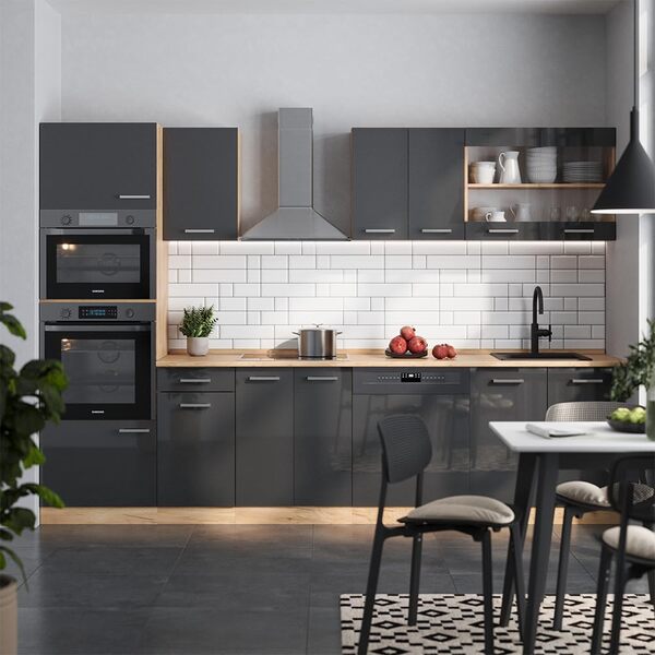 Vicco Cuisine R-Line, Anthracite Brillant/Chêne doré, 300 cm avec Armoire Haute, sans Plan de Travail