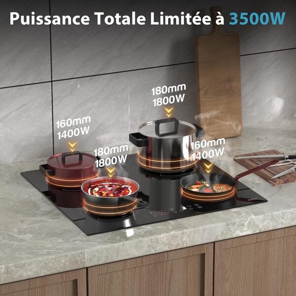 Hobsir Plaque Induction 4 Feux avec Prise, 3500W Plaque à Induction, Plaque de Cuisson Électrique Encastrable, 60CM, Commande Tactile, Verrouillage de Sécurité, Verre Céramique Noir, 240V