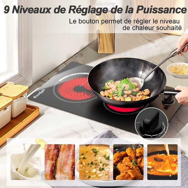 Cooksir Plaque Vitrocéramique 2 Feux avec Boutons, Table de Cuisson Deux Foyers avec Prise, 30CM Plaque électrique Encastrable/Portable, 3000W, Boutons de Commande, 9 Niveaux, 240V