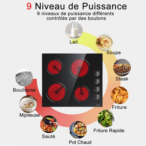 Hobsir Plaque Vitrocéramique 4 Feux, 60CM Encastrable Plaque de Cuisson électrique, 9 Niveaux, 6000W, Verre Ceramique Noir, Contrôle Individuel des Boutons, Pas de Prise, 230V