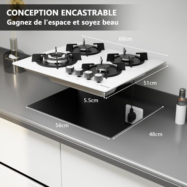 Plaque Gaz 4 Feux Blanc, IsEasy Plaque de Cuisson Gaz 4 Feuxs, Table de Cuisson 60cm - Cuisinière Encastrable - Gazs Ville et Bouteille - Verre Blanc
