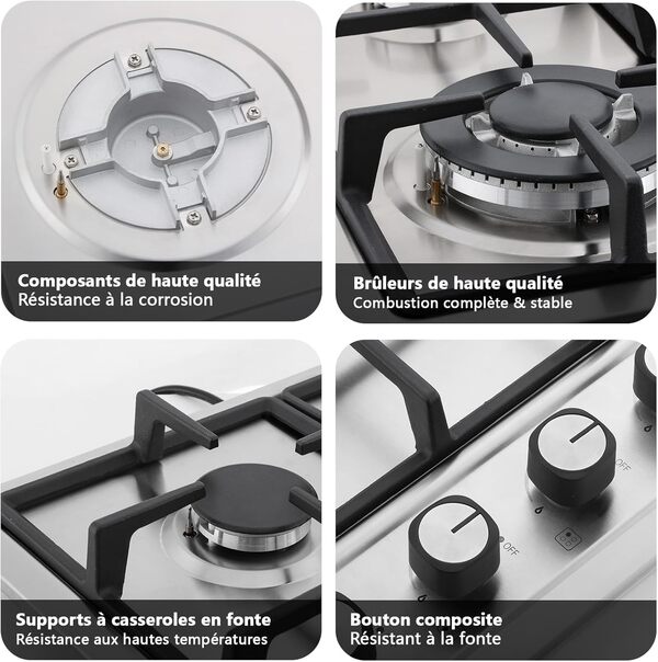 IsEasy Plaque Gaz 4 Feux Inox, Plaque de Cuisson Gaz 4 feux Encastrable, Table de cuisson 60cm, Gazs Ville et Bouteille