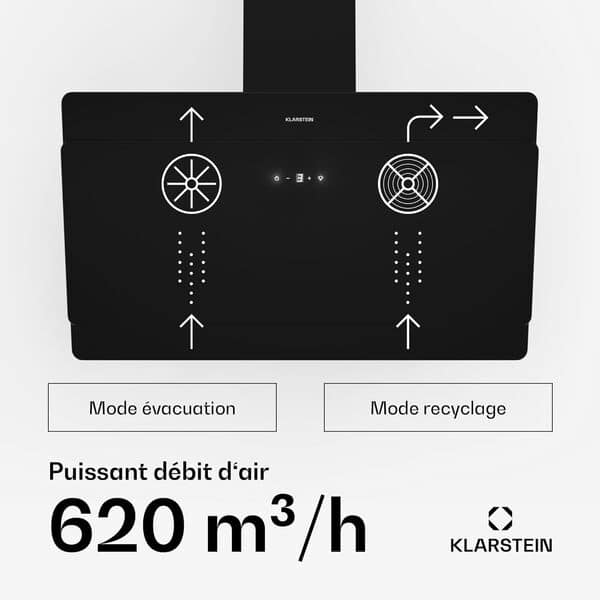 Klarstein Montage mural Hotte Aspirante Inclinées 90cm, pour Cuisine, Filtre en Aluminium, Débit d'Air Puissant 607m³/h, LED, Ecran Tactile, Extracteur d'Air Silencieux, Efficace avec Evacuation, Noir [Classe énergétique B]