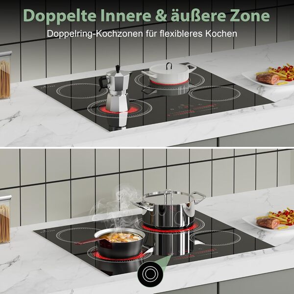 DELITEER Plaque Vitrocéramique 4 Feux avec Cadre, Table de Cuisson électrique 60CM Encastrable, 6600W, Contrôle Tactile Individuel, Double Chauffage, Bord Inox, Sans Prise, 240V