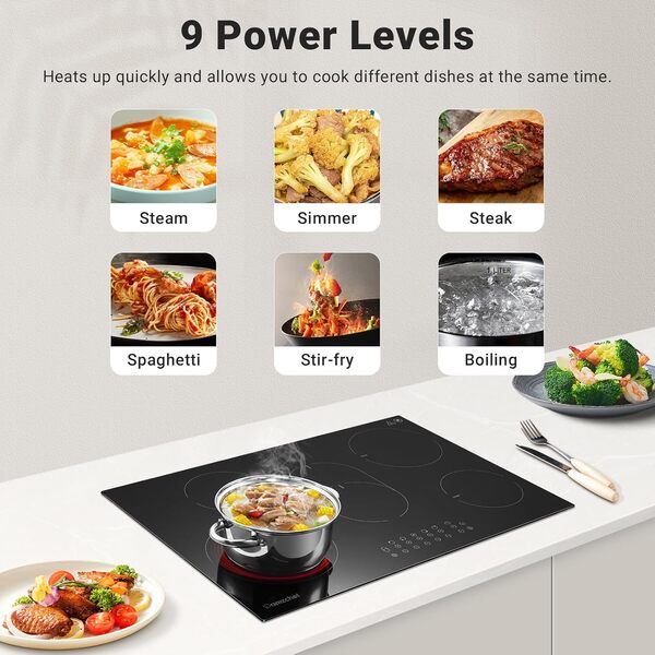 AMZCHEF Plaque vitrocéramique 5 feux encastrable avec 9 niveaux de puissance | Triple zone et zone de rôtissage | Protection anti-surchauffe | Verrou de séc | Minuterie | 77CM | 7295W