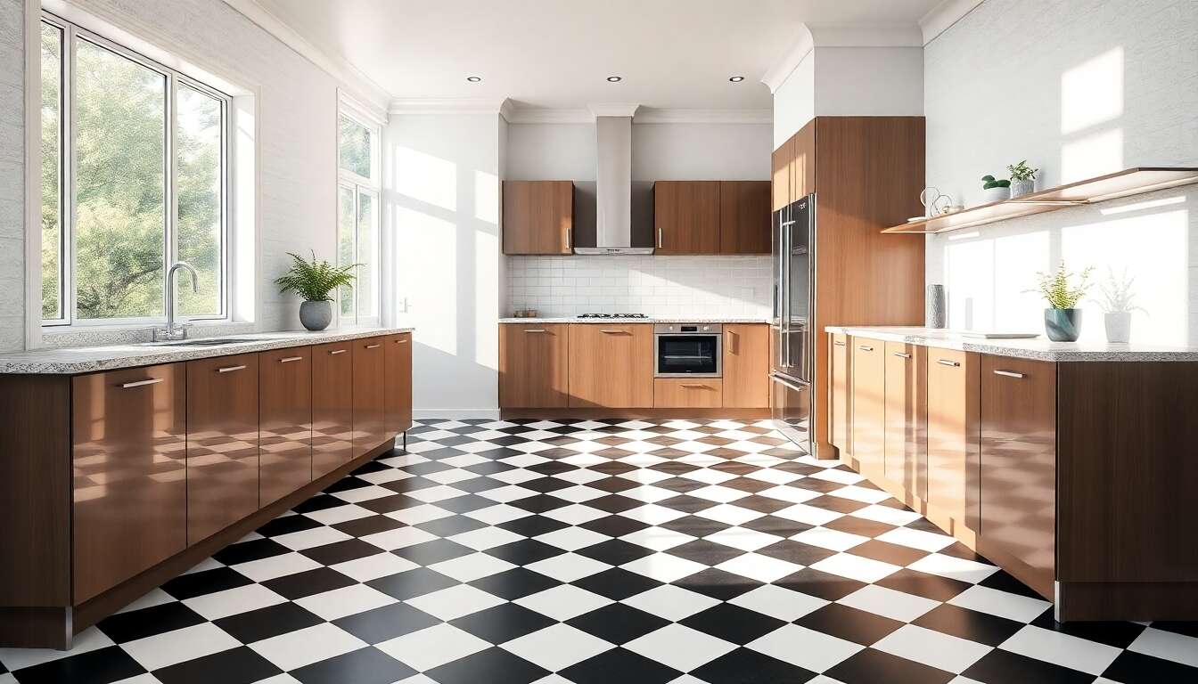 Int&eacute;grer le sol damier dans diff&eacute;rents styles de cuisines