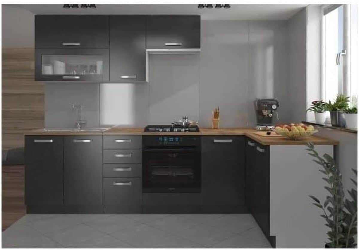 Test : cuisine complète d'angle LASSEN 240x165 cm - Gris Matera
